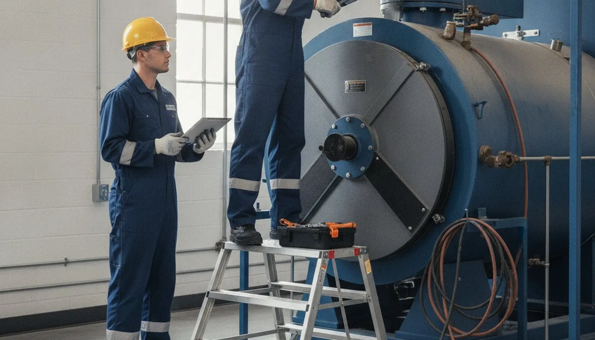Boiler repair technician servicing a home in Champaign, IL on a plumbing service call