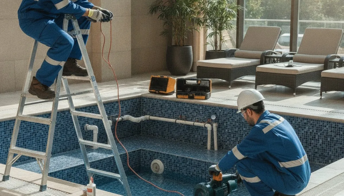 Spa repair technician servicing a home spa in Champaign, IL for leaks, jets, and heating issues