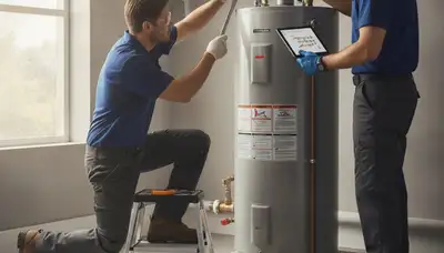 On Call Plumbers repairing a water heater in a Champaign, IL home